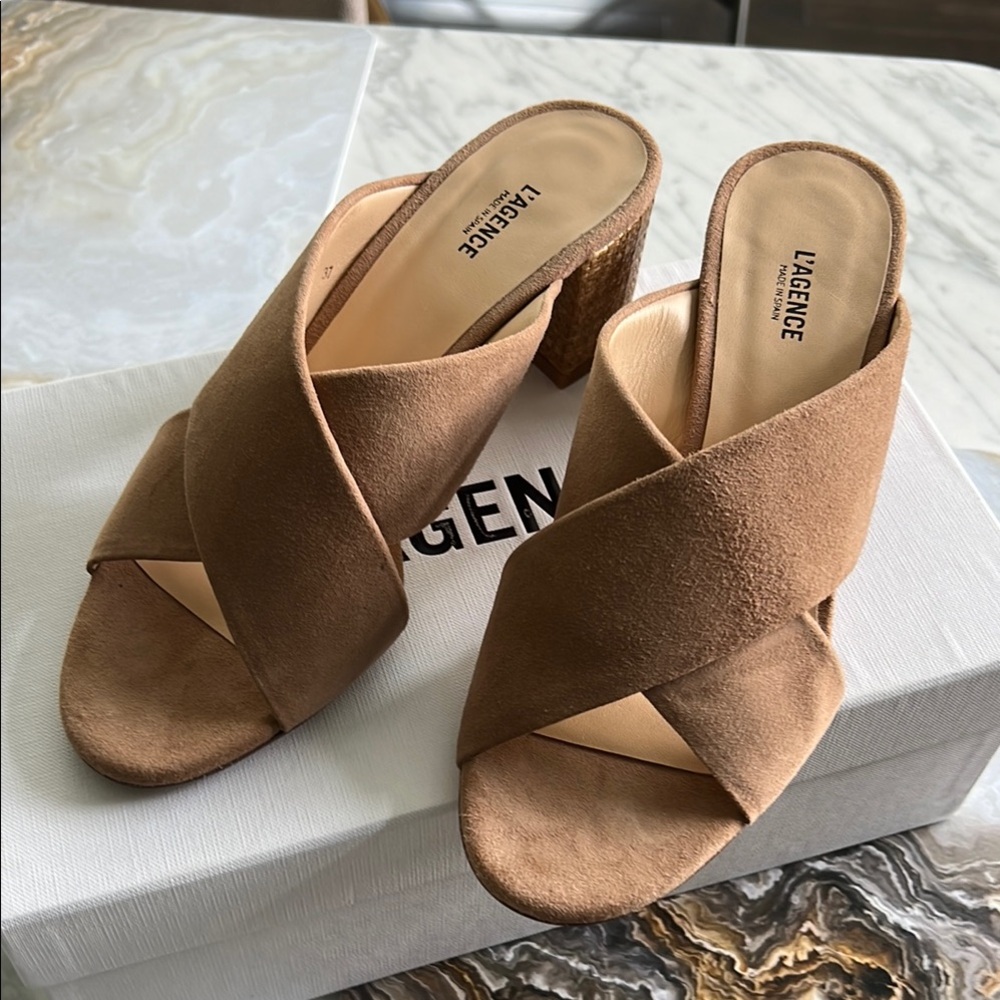 L'AGENCE Tan Suede Mules with Crisscross Straps